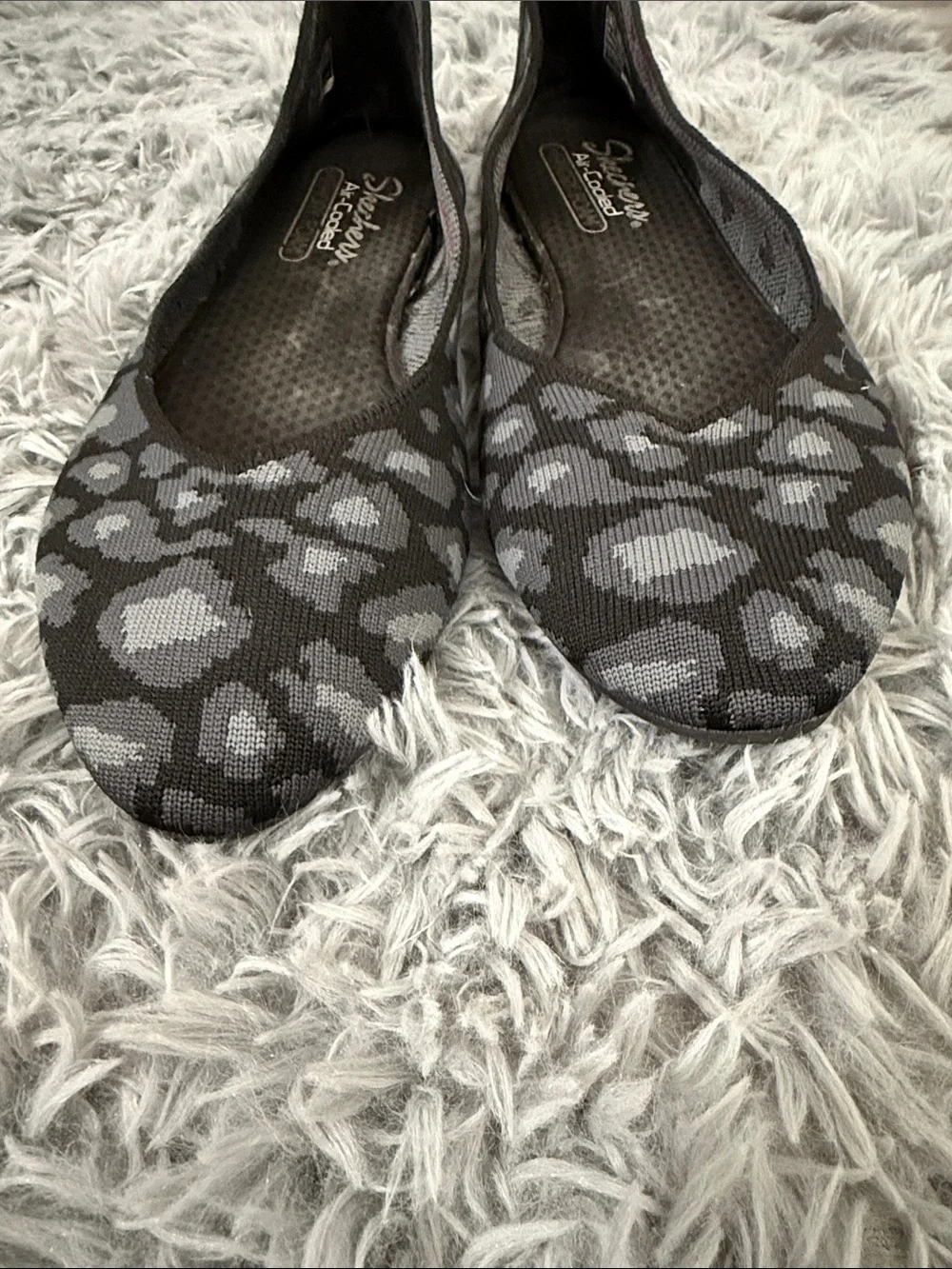 Skechers Black and Gray Leopard Knit Slip-On Flats